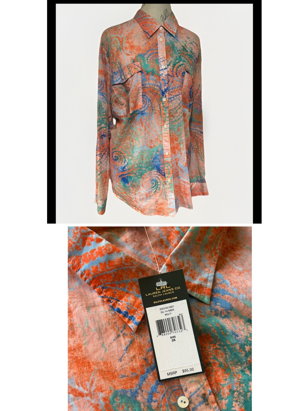 Lauren Jeans Co LRL Paisley Batik Button Down Shirt Size 3X Roll Sleeve Boho NWT